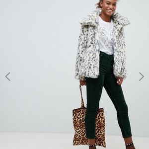 Monki Faux Fur Leopard Print Jacket Black/White